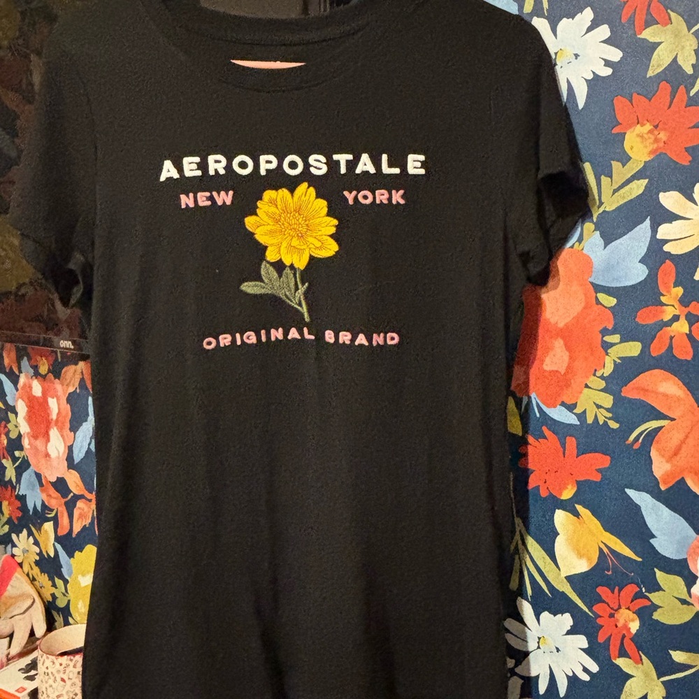 Aeropostale Black Tee with Yellow Floral Design
